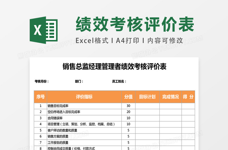 销售总监经理管理者绩效考核评价表excel模板