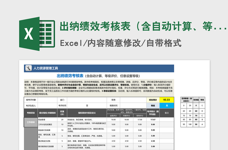 2025年出纳绩效考核表（含自动计算、等级评价、任意设置）