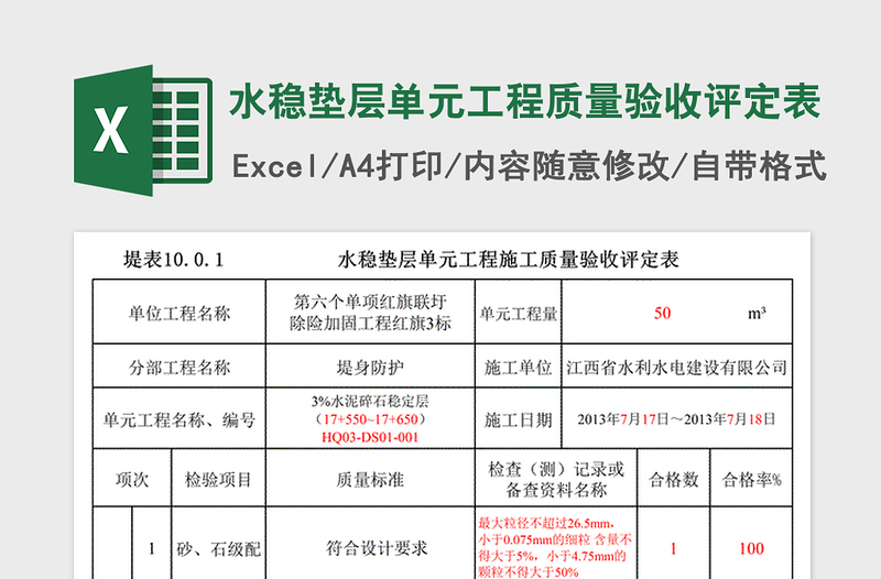 2025年水稳垫层单元工程质量验收评定表