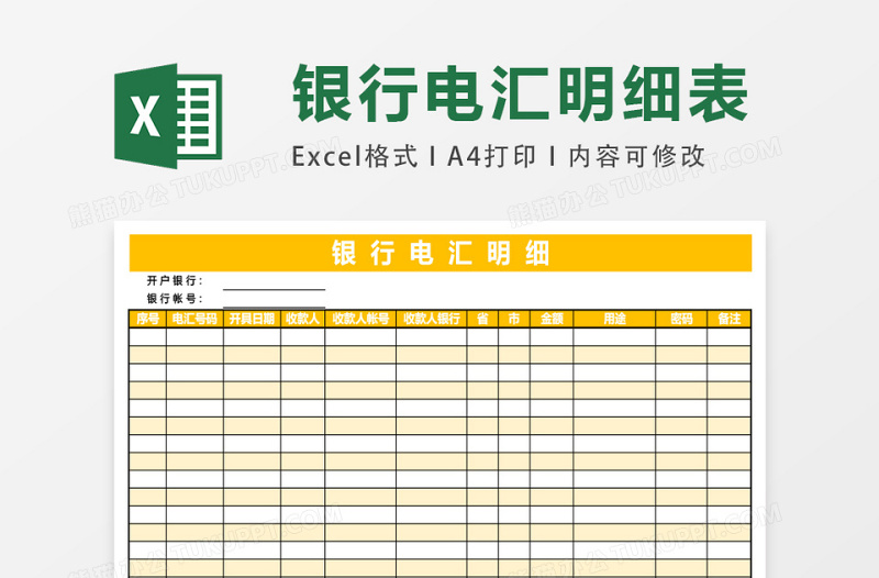 2025银行电汇明细模板excel表格模板