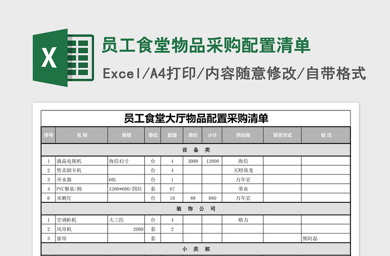 员工食堂物品采购配置清单excel表格下载