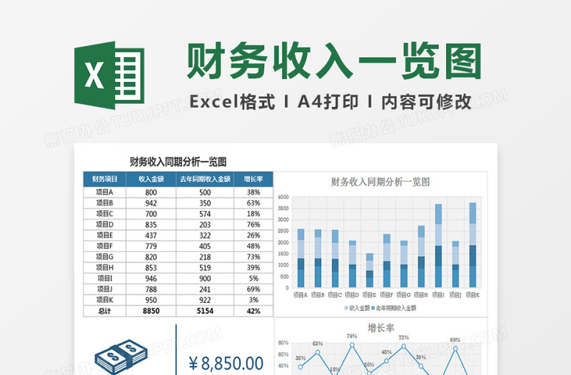 蓝色财务收入同期分析一览图excel表格下载