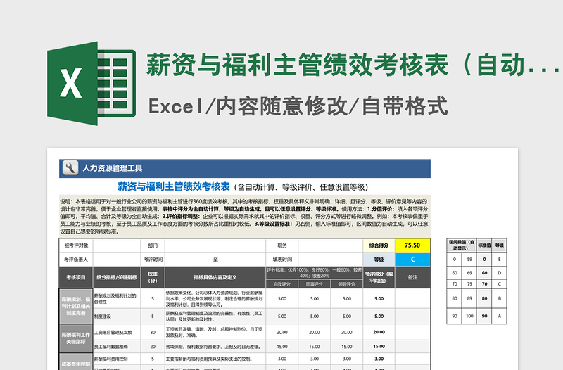 2025年薪资与福利主管绩效考核表（自动计算、任意设置等级）