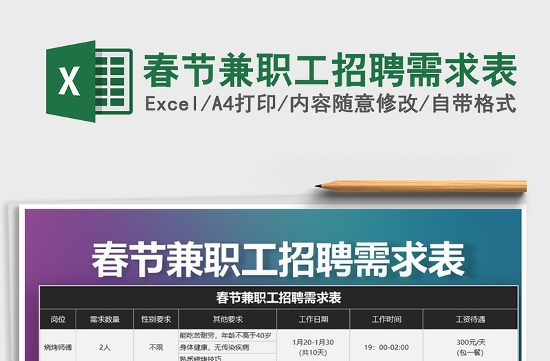 2025年春节兼职工招聘需求表