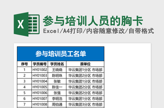 参与培训人员的胸卡Excel表格